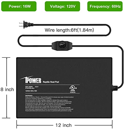 iPower 8 by 12-Inch 16 Watts Reptile Heating Mat with Temperature Controller Under Tank Warmer Terrarium Heat Pad for Reptiles and Amphibians, Black - size: 8" x 12", style: Heat Pad with Adjust Knob