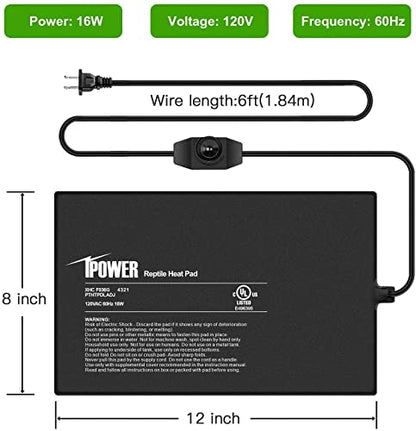 iPower 8 by 12-Inch 16 Watts Reptile Heating Mat with Temperature Controller Under Tank Warmer Terrarium Heat Pad for Reptiles and Amphibians, Black - size: 8" x 12", style: Heat Pad with Adjust Knob