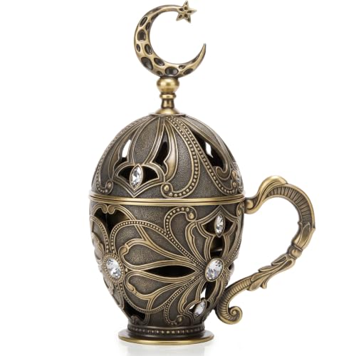 Hushee Resin Charcoal Incense Burner Moon Bronze Frankincense Burner with Handle Metal Bakhoor Burners Holder Incense for Resin Cone, Yoga Meditation Aromatherapy Home Office Decor Religious Gifts