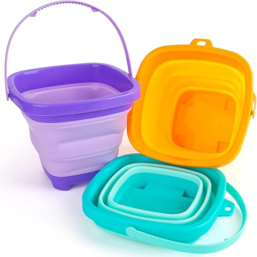3 Set Collapsible Beach Buckets, Multicolor | Foldable Sand Toys, Toddlers Outdoor Activities,Camping Gear, Beach Trip Essentials, Outdoor Games - color: Mix 2