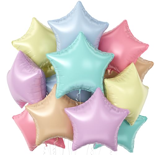 Pastel Star Balloons, 12Pcs Rainbow Macaron Pink Blue Green Purple Yellow Apricot Star Shape Foil Balloon, 18 In Pastel Colorful Helium Pentagram Balloon for Baby Shower Fairy Birthday Newborn Easter - color: Pastel Colorful