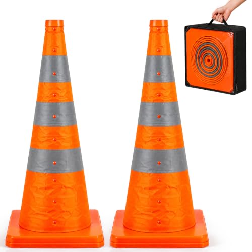 2 Pack 36 Inch Collapsible Traffic Safety Cones, Orange Pop Up Cones with Reflective Collar, Multi Purpose Road Cones for Road Safety, Parking Lot, Driving and Sport Training - size: 36 Inch