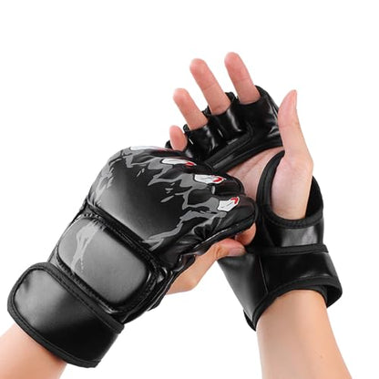 MMA Gloves Grappling Sparring, Half Finger Boxing Fight Gloves, Open Palm Martial Arts Mitts Men Women Boxing Gloves for Sanda Sparring Punching Bag Training - color: Black