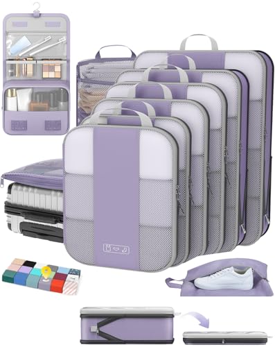 OlarHike 10 Set Compression Packing Cubes for Travel Essentials,Compressible Expandable Space Saver Bags for Organizing Clothes,Luggage Suitcase Garment Bags with Over 1000 pcs Mesh Holes(Purple Gray) - color: Purple Gray