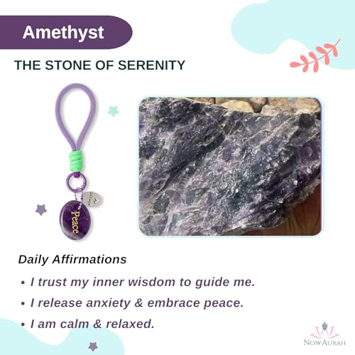 Crystal Keychain Set - Natural Healing Stones with Affirmation Cards- Worry Stone Anxiety Relief Gift - color: Amethyst.