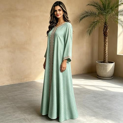 Women Muslim Abaya Dress V Neck Embroidered Kaftan Long Sleeve Loose Islamic Maxi Prayer Robe for Ramadan Eid - color: Green, size: Medium