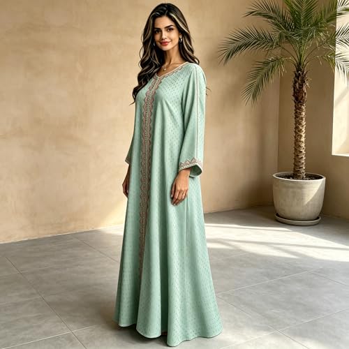 Women Muslim Abaya Dress V Neck Embroidered Kaftan Long Sleeve Loose Islamic Maxi Prayer Robe for Ramadan Eid - color: Green, size: X-Large