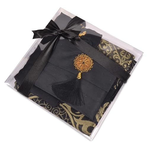 BABY SHOWER CHOCOLATE Prayer Rug Islamic Gift Set, Velvet Prayer Mat, Prayer Beads, Scarf and Yaseen Book, Perfect Family and Muslim Eid Gifts (Black) - color: Black