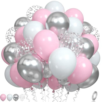 Pink and Silver Balloons, Pastel Pink White Balloon Metallic Silver White Macaron Balloon Party Confetti Balloons for Girls Kids Birthday Bride Wedding Baby Shower Graduation - color: Pink and Silver
