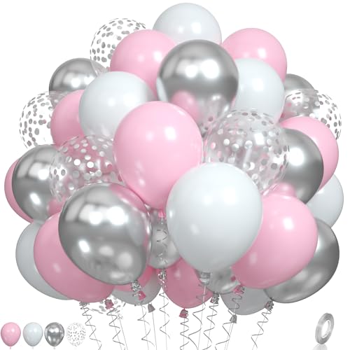 Pink and Silver Balloons, Pastel Pink White Balloon Metallic Silver White Macaron Balloon Party Confetti Balloons for Girls Kids Birthday Bride Wedding Baby Shower Graduation - color: Pink and Silver