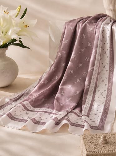 Satin Hijab Scarf for Women, Silk-Feeling Muslim Headscarf, Digital Bow Letter Print Head Wrap Shawl for Summer - color: Mocha Color