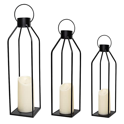 HPC Decor 55.9cm(22인치) 48.3cm(19인치) 48.6cm(16인치) 랜턴 장식, 깜박이는 타이머 캔들 포함 - 톨 라지 블랙 메탈 캔들 랜턴 3개 세트 - 실내, 실외, 탁상, 현관을 위한 현대적인 농가 장식 (유리 없음) - size: 22inch,19inch and 16inch（Black）
