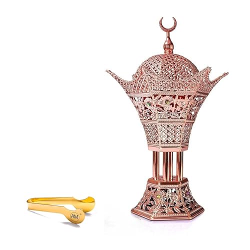 AM Bakhoor Charcoal Incense Burner - Oud Frankincense Resin Burner 10.5 Inches Tall - for Bakhoor Oud Incense Sticks Cones - Luxury Filigree (Rose Gold) - color: Rose Gold