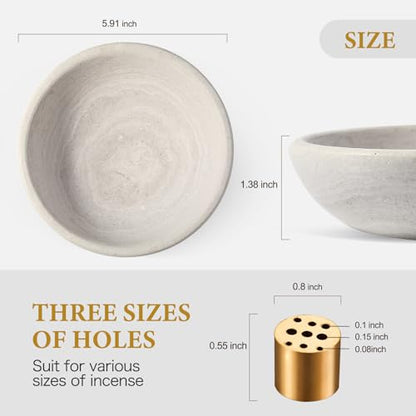 Koville Natural Marble Incense Holder, Incense Holder for Sticks with 9 Holes, Handmade Incense Burner Ash Catcher for Meditation Yoga SPA, Balsam Fir/Palo Santo/Sage/Cone Incense Bowl(Grey) - color: D=150-beige