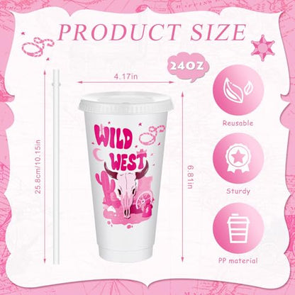 Chuangdi 12 Pcs Cowgirl Western Party Favors Pink Cowgirl Plastic Tumbler Reusable 24 oz Cups with Lids and Straws for Birthday Baby Shower Last Rodeo Party Supplies - style: Cowgirl