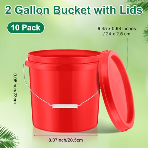 Tioncy 10 Pcs 2 Gallon Plastic Buckets with Lids and Handles,Red | Storage Pails for Paint, Cleaning, Organizing, Durable Containers, Metal Handles, Plastic Material - color: Red