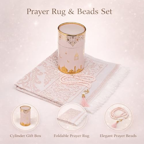 Modefa Islamic Gifts Prayer Mat | Thin Woven Praying Mat Muslim Prayer Rug | Muslim Gifts for Men Ramadan Gifts with Prayer Beads | Ottoman Rug with Cylinder Gift Box Set Ramadan (Light Pink #2) - color: Light Pink