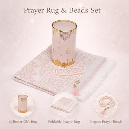 Modefa Islamic Gifts Prayer Mat | Thin Woven Praying Mat Muslim Prayer Rug | Muslim Gifts for Men Ramadan Gifts with Prayer Beads | Ottoman Rug with Cylinder Gift Box Set Ramadan (Light Pink #2) - color: Light Pink