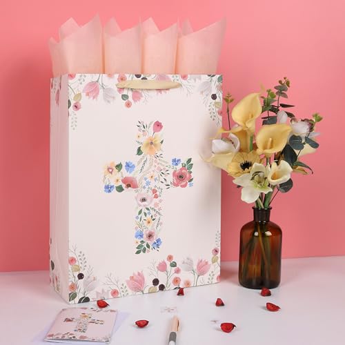 16.5" Extra Large Floral Religious Gift Bag Set with Handles, Greeting Card, Tissue Papers and Stickers for Women Girls, for First Communions, Baby Girl Baptisms, Christenings, Religious Occasion, Clergy Day, Cross Design, 1 Pcs - color: (16.5'' Extra Lar