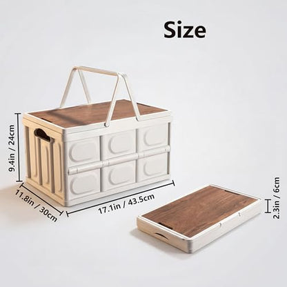 Lidded Home Storage Bins 30L/7.9Gal Collapsible Camping Box, Food Storage for Camping, Stackable with Handles & Wooden Lid for Home Organizing