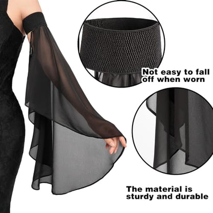 DAZCOS Victorian Long Tulle Sleeves for Women Chiffon Detachable Gloves for Wedding Dress Halloween Party Pageant - color: Black-02
