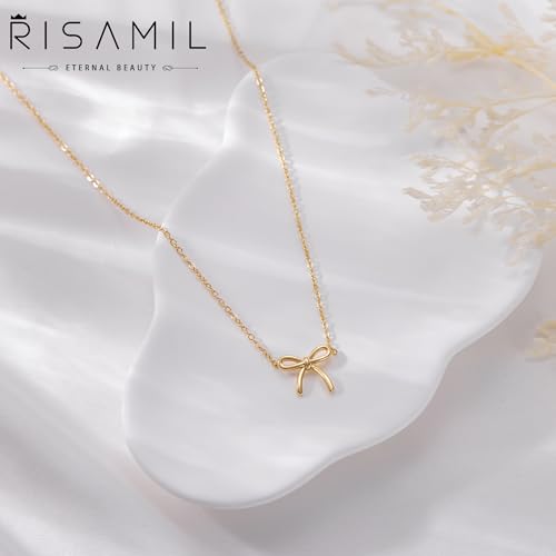 Risamil 여성용 골드 목걸이 - 리본 목걸이 14K 앙증맞은 골드 목걸이 귀엽고 작은 나비 펜던트 초커 체인 목걸이 트렌디 목걸이 여성용 골드 주얼리 선물 - color: 리본 목걸이-4