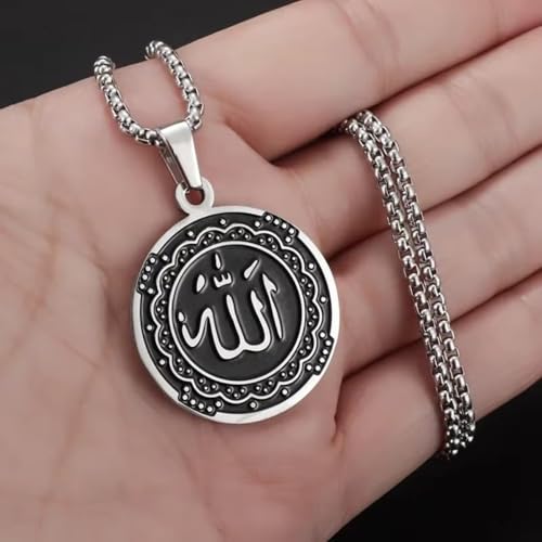 Islamic Allah Religious Amulet Stainless Steel Pendant Necklace Muslim Arabic Protection Jewelry Gift for Men Women - color: silvery