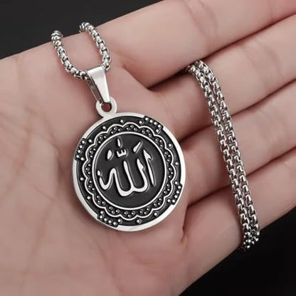 Islamic Allah Religious Amulet Stainless Steel Pendant Necklace Muslim Arabic Protection Jewelry Gift for Men Women - color: silvery