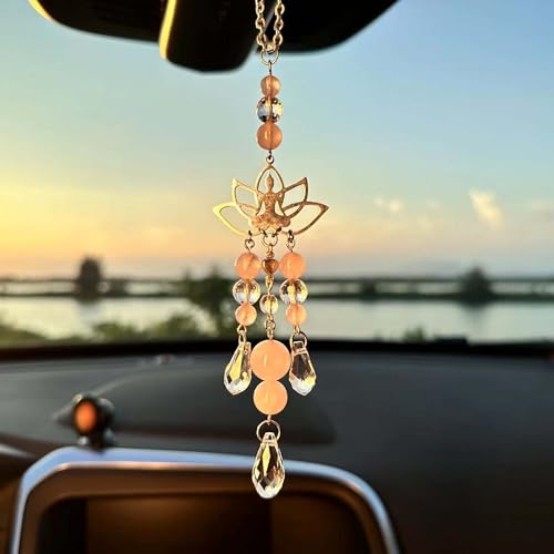 Hanging Car Charm, Handmade Car Mirror Hanging Accessories Rear View Mirror Decorations Crystals Stones Ornament Car Decor for Women Healing Crystal Accessories (Rose Lotus Flower) - color: Rose Lotus Flower