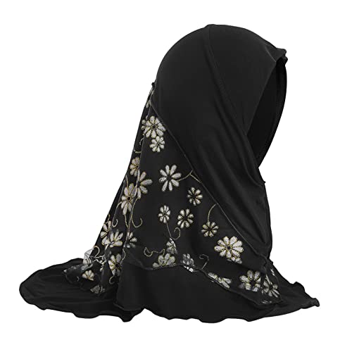 Girls Ice Silk Muslim Khimar Hijab Headscarf Flower Arab Scarf Shawls Neck Wrap Islamic Head Wrap for Age 2-7 Years - color: Style 2-black