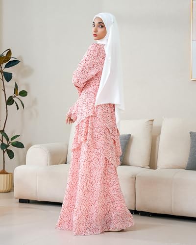 Muslim Abaya Dress for Women 3-Piece Set, Ruffle Top & Chiffon Maxi Skirt - color: Pink, size: X-Large