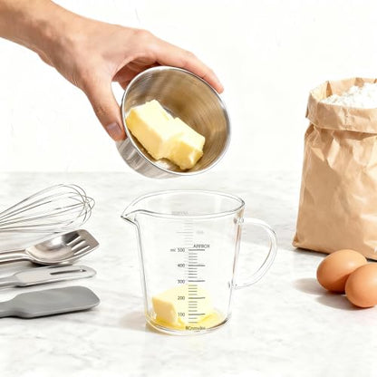 BCnmviku Glass Measuring Cups High Borosilicate 500ML 2CUPS [Insulated Handle | V-Shaped Spout]For Prepping Baking and Cooking Preheated Oven Dishwasher Freezer and Microwave Safe - size: 500ml