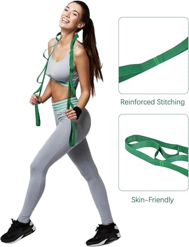 10 Loop Yoga Stretching Strap for Physical Therapy - Non-Elastic Exercise Band for Pilates, Yoga, Stretching for Women & Men - color: Green