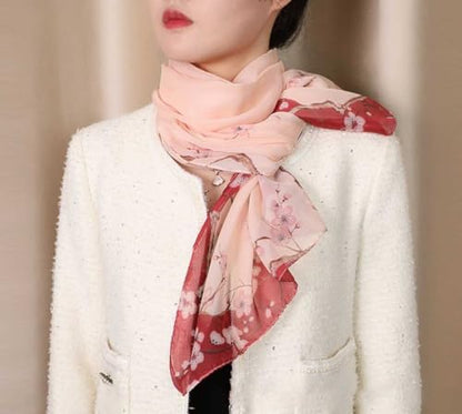 Xyueanlo Women's Chiffon Scarf Lightweight Scarves Fashion Elegant Floral Print Scarfs Shawls - color: Little Plum Blossom Red Pink