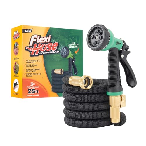 Flexi Hose with 8 Function Nozzle, 25FT - Lightweight Expandable Garden Hose, No-Kink Flexibility, 3/4 Inch Solid Brass Fittings and Double Latex Core - size: 25ft