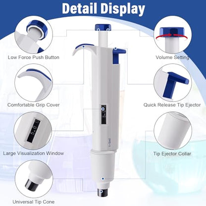 5 mL Micropipette, 1-5 mL Lab Single Channel Micro Pipettes | Adjustable Variable Volume Manual Liquid Pipettor for Liquid, Scientific, School - size: 1000-5000μl