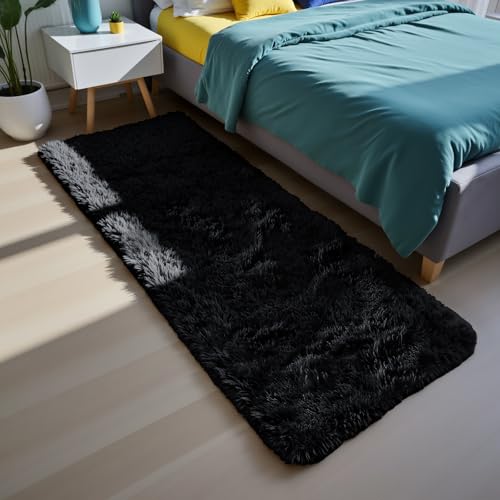 Soft Runner Rugs for Bedroom, Black 2x6 Area Rugs Fluffy Rug Shag Area Rug Carpet, Bedside Rug for Living Room Bedroom Room Home Decor - color: Black, size: 2' x 6' (Rectangular)