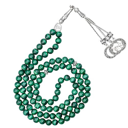 Amazing Gemstone Malachite Tasbeeh with Moon and Star Charm - Certified Crystal Muslim Prayer Beads Natural Gemstone Tasbih Gift for Ramadan Dhikr and Daily Namaz (S) - color: Malachite