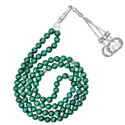 Amazing Gemstone Malachite Tasbeeh with Moon and Star Charm - Certified Crystal Muslim Prayer Beads Natural Gemstone Tasbih Gift for Ramadan Dhikr and Daily Namaz (S) - color: Malachite