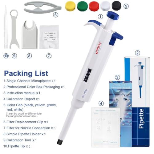 FOUR E'S SCIENTIFIC 1mL Pipette, Adjustable Volume Micropipette | 100-1000μL Single-Channel Pipettor, Ergonomic Design, Precise Volume Dial - size: 07 (100-1000uL)