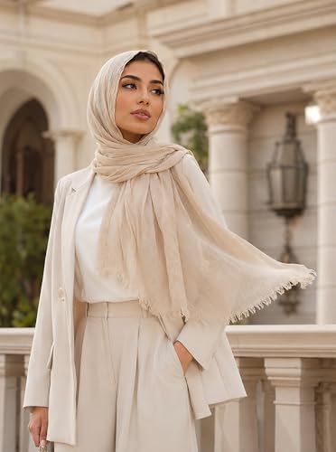 Cotton Linen Plain Hijab Scarf For Women,Muslim Viscose Crinkle Edge With Fringe,Summer Beach Wrap Headwraps Shawl - color: 21#beige