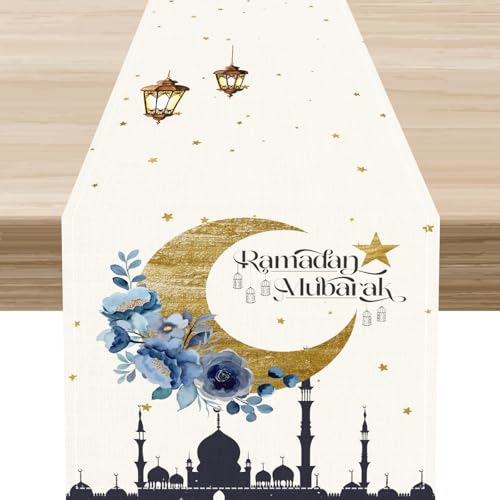 Flower Ramadan Table Runner,Watercolor Blue Floral Golden Moon Eid Mubarak Muslim Islamic Table Center Decor for Kitchen Family Holiday Party Indoor Outdoor, 13"x36" - color: Ramadan-2, size: 13"X36"