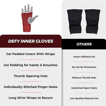 DEFY Padded Inner Gloves Quick 75cm Long Strap – Inner Boxing Gloves Gel Padded Knuckle Protection – Elasticated Boxing Hand Wraps for MMA Muay Thai Kickboxing Martial Arts Pair - color: Red, size: Large