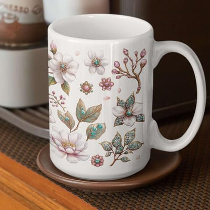 Personalized Sparkling Cherry Blossom Coffee Mug, National Cherry Blossom Festival Inspired Cup, Custom Name Ceramic Cup 11oz 15oz, Customized Elegant Floral Full Wrap White Mug - color: XUA-1124-3658-Cherry Blossom Festival