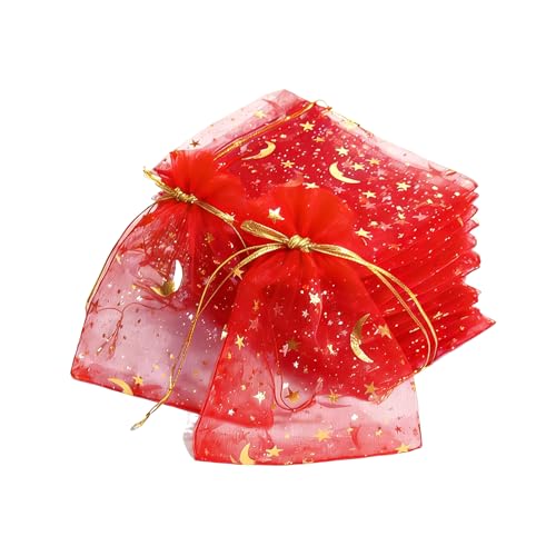 TYPAILYX 60 Pieces Moon Star Organza Jewelry Candy Bags, 3x4inch Red Little Mesh Candy Gift Bags, Organza Favor Gift Pouches with Drawstrings for Weddings Parties and Valentine's Day - color: Red