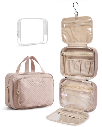 BAGSMART Toiletry Bag Hanging Travel Makeup Organizer with TSA Approved Transparent Cosmetic Bag Makeup Bag for Full Sized Toiletries, Large-Pink - color: Pink, size: Large