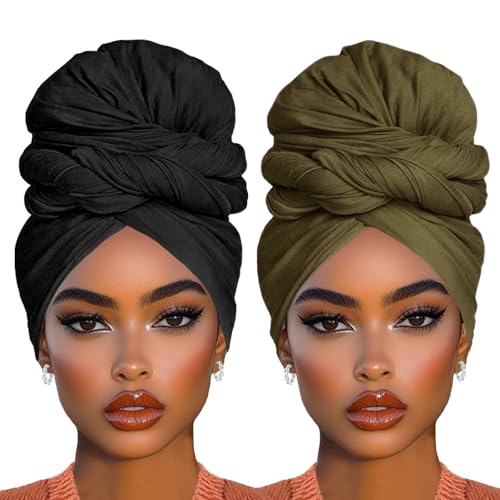 COOKOO 2 Piece Long Solid Color Stretch Head Wrap African Women's Jersey Turban Fashion Head Scarf Ultra Soft Extra Long Headwraps Lightweight Breathable Head Bands Ties for Women(Black+Army Green) - color: Black+ Army Green