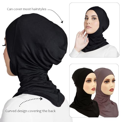 Women Slouchy Beanies Cap Soft Hijab Cap Under Scarf for Women Muslim Jersey Hijab Undercaps(1PC/2PC) - color: Black+coffee