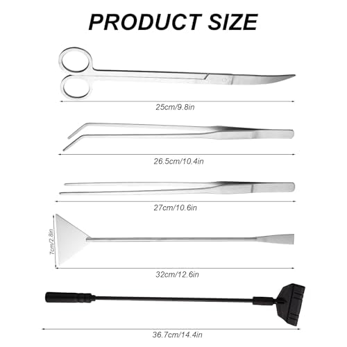 7 Pcs Aquarium Aquascape Tools Kit, Stainless Steel Aquatic Plant Aquascaping Set with Straight/Curved Long Tweezers Scissors Spatula Algae Scraper & 2 Replacement Heads Fish Tank Cleaning Kit