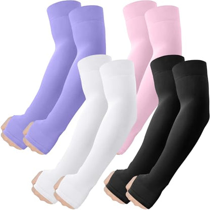 ROXUN Arm Sleeves with Thumb Hole, Cooling UV Sun Protection Compression Tattoo Cover Up for Men/Women - color: 4 Pairs - Black+white+purple+pink
